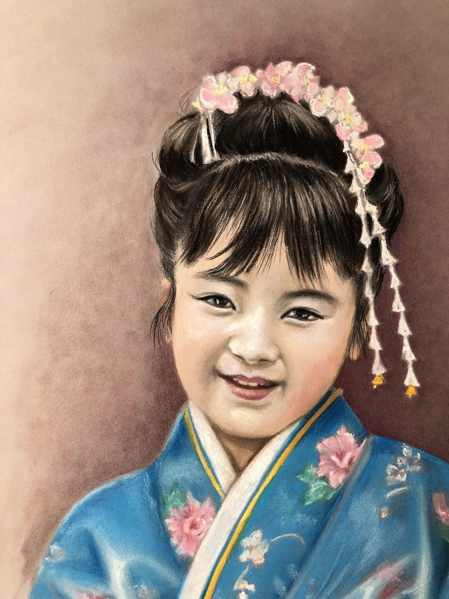 身著傳統服裝的日本女孩，芭芭拉‧謝弗的粉彩畫作。（由芭芭拉‧謝弗提供）
