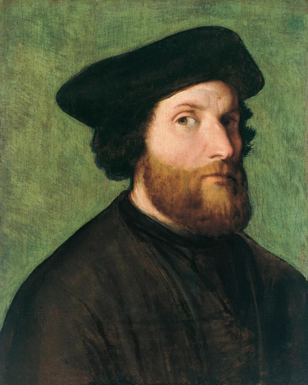 目前被認為是洛托(Lorenzo Lotto)的自畫像,1540年代。畫板,油彩;43厘米x 35厘米。現存於西班牙馬德里提森-博內米薩博物館博物館(Thyssen-Bornemisza Museum)。(公共領域)