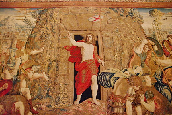 拉斐爾設計、表現耶穌生平的系列織錦掛毯之一《基督復活》（The Resurrection of Our Lord）局部，現藏梵蒂岡博物館。（Bgabel/Wikimedia Commons）