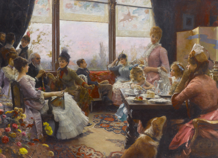 朱利厄斯‧勒布朗‧斯圖爾特(Julius LeBlanc Stewart)1883至1884年間創作的《五點鐘茶會》(Five O’Clock Tea),布面油畫,166×230 cm,私人收藏。(公有領域)