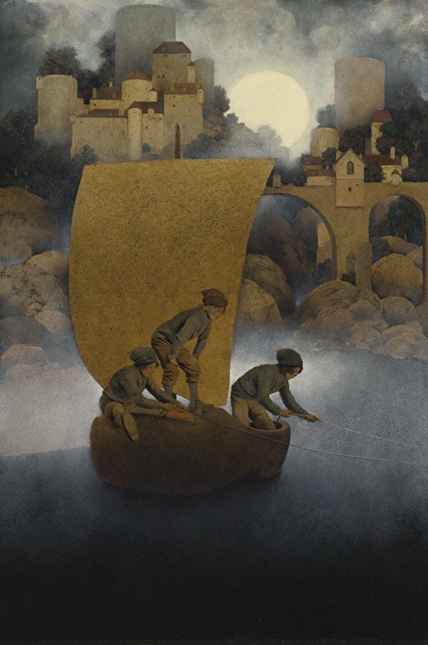 馬克思菲爾德‧派黎胥的插畫作品《維肯，布林肯和諾德》（Wynken, Blynken, and Nod），約1902年，收錄於《童年詩歌》中。油彩、畫紙，20.9英吋x14.7英吋。私人收藏。（公有領域）