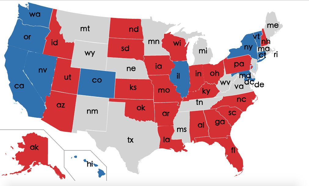 11月8日，美國人民除了選出新總統特朗普外，也選出了469名新的國會議員。圖為今年改選之後34個參議院席位的分佈，僅有伊利諾伊州一個州由紅變藍。（大紀元製圖）