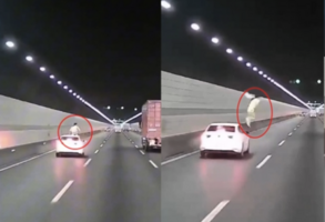 杭州女子高速隧道內突爬車頂跳車（影片）