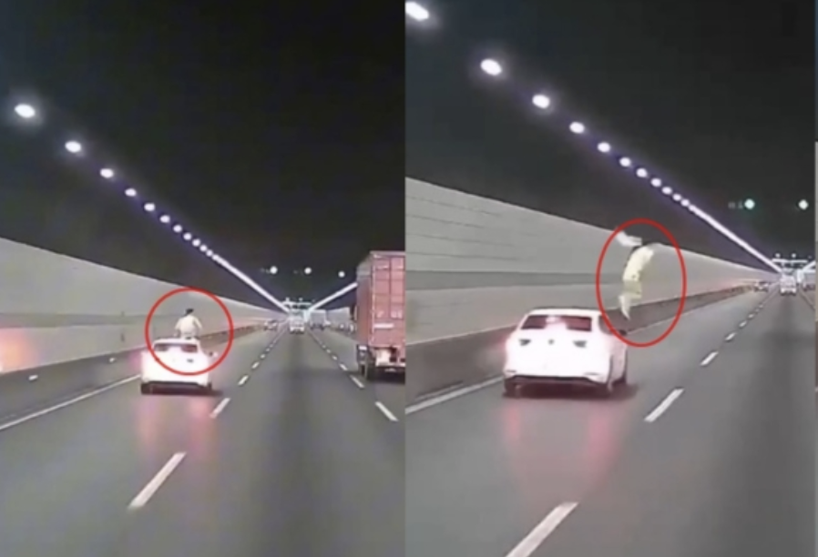 杭州女子高速隧道內突爬車頂跳車（影片）