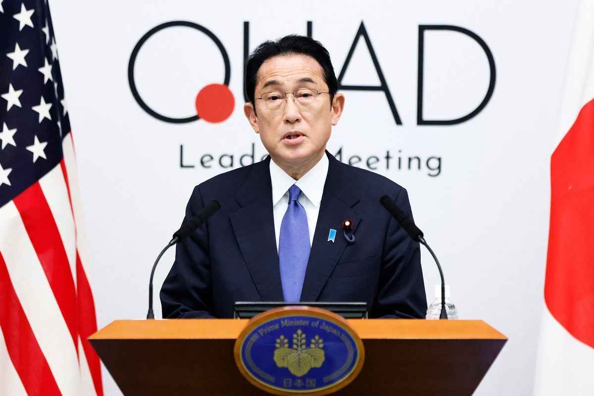 2022年5月24日，四方峰會結束後，日本首相岸田文雄在新聞發布會上公布了四位領導人的會議內容。 （Kiyoshi Ota/POOL/AFP via Getty Images）