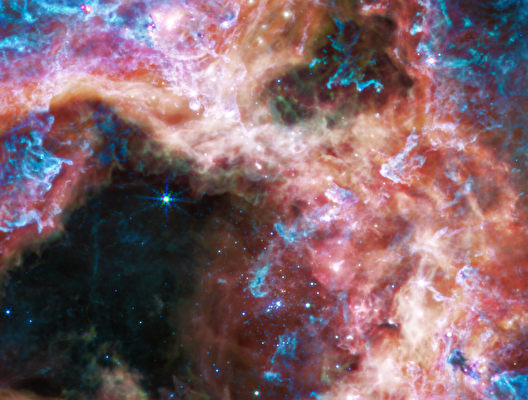 2022年9月6日，美國太空總署（NASA）發布一張用占士‧韋伯太空望遠鏡（James Webb Space Telescope）紅外儀器（MIRI）捕獲到的「宇宙狼蛛」（Cosmic Tarantula）圖像。（NASA/ESA/CSA/STScI/Webb ERO Production Team）