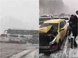 吉林琿烏高速突降暴雪 數十輛車連環相撞