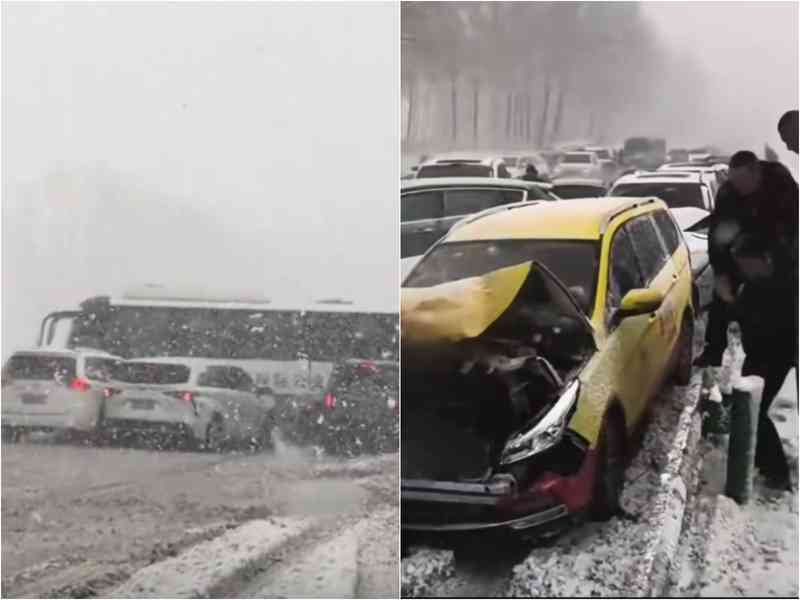 吉林琿烏高速突降暴雪 數十輛車連環相撞