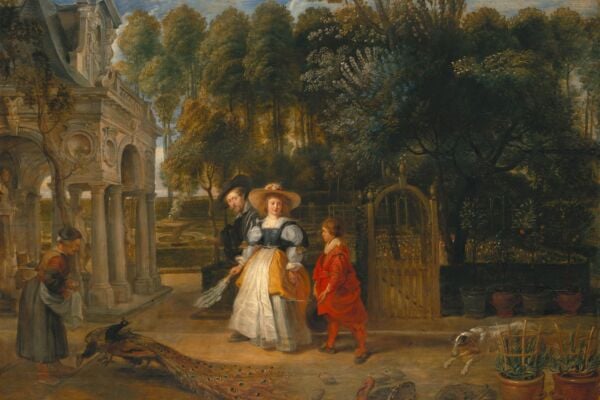 彼得‧保羅‧魯本斯,《花園中的魯本斯與第二任妻子》(Rubens and his second wife in the garden)局部,創作於1640年左右,面板油畫,德國慕尼黑老繪畫陳列館藏。(公有領域)