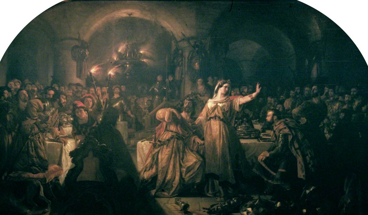 《莎士比亞〈麥克白〉中的宴會場景》(The Banquet Scene in Shakespeare’s ‘Macbeth),丹尼爾‧麥克利斯(Daniel Maclise)1840年作,布面油畫,183 cm × 305 cm,倫敦市政廳美術館藏。(公有領域)