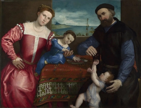 洛托(Lorenzo Lotto)的作品《喬凡尼‧德拉‧沃爾塔與妻子和孩子的肖像》(Portrait of Giovanni della Volta With His Wife and Children),1547年。油彩、畫布;104.5 厘米x 138厘米。現存於倫敦國家美術館。(公有領域)