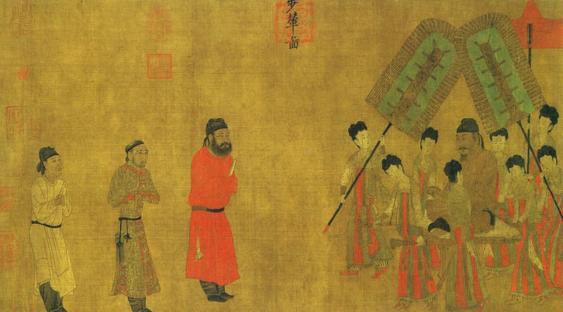 唐閻立本《步輦圖》描繪了吐蕃使節祿東贊（左三）朝見唐太宗（右中）的場面，北京故宮博物院藏。（公有領域）
