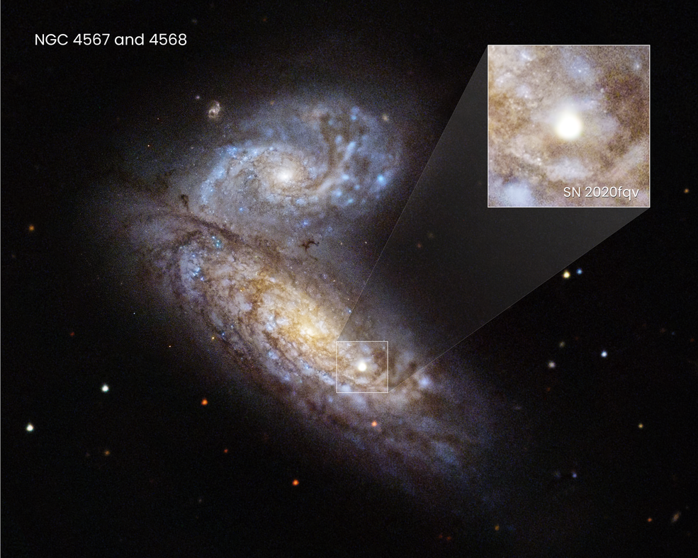 蝴蝶星系照片。圖中放大部份是此次發現的超新星SN 2020fqv。Credits: NASA, ESA, Ryan Foley（UC Santa Cruz）; Image Processing: Joseph DePasquale（STScI）