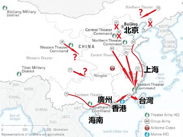 中共陸軍13個集團軍駐地和可能部署的方向。（美國2023中共軍力報告/大紀元製圖）