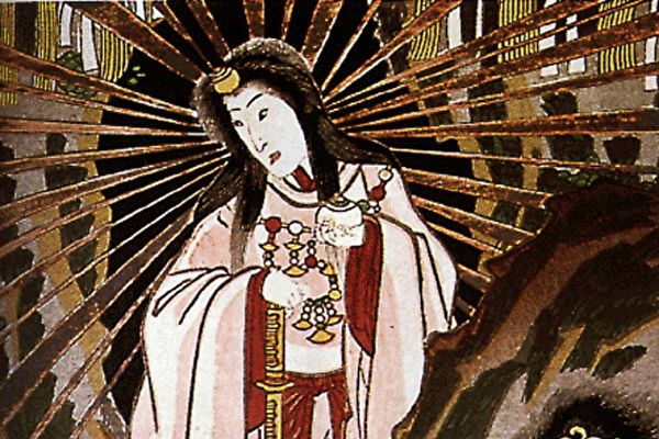 日本天照大神繪像。圖：《岩戸神樂的起顯》（局部），1857年歌川國貞畫。 （公有領域）