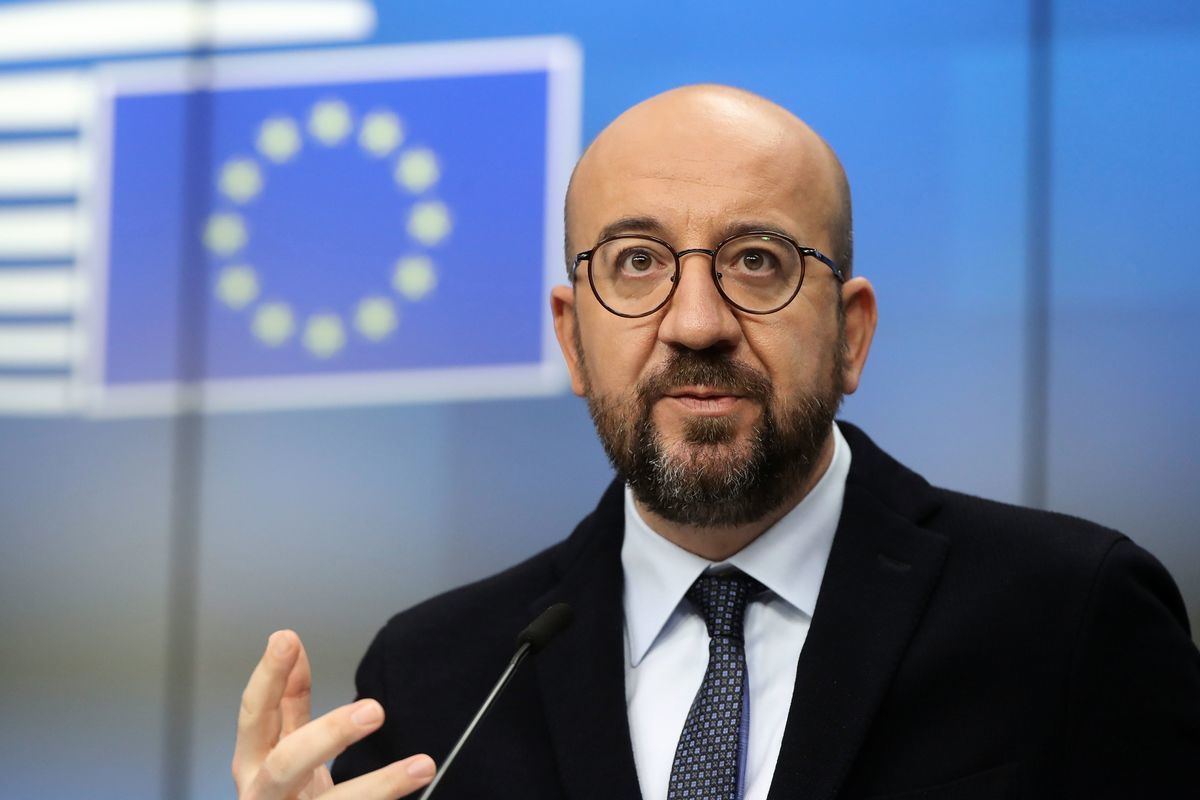 圖為歐洲理事會主席查理斯·米歇爾（Charles Michel）於2021年2月25日在布魯塞爾舉行新聞發布會。（OLIVIER HOSLET/POOL/AFP via Getty Images）