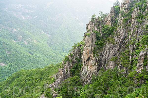 順著登山步道，可看到織機岩及附近的雄偉山勢及幽深的山谷。（全宇／大紀元）
