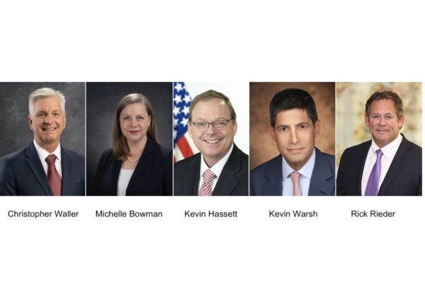 10月27日(周一),財政部長貝森特證實,接替美聯儲主席鮑威爾的候選人名單縮減至5位人選,這5位候選人包括現任美聯儲理事克里斯托弗‧沃勒(Christopher Waller)和美聯儲監理副主席米歇爾‧鮑曼(Michelle Bowman)、國家經濟委員會主任哈塞特(Kevin Hassett)、前美聯儲理事沃爾什(Kevin Warsh)以及貝萊德高管里克‧里德(Rick Rieder)。(大紀元合成)