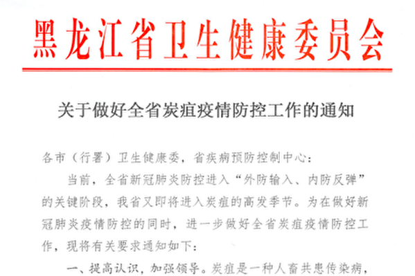 中共黑龍江省衛健委發佈《關於做好全省炭疽疫情防控工作的通知》，但一直未對外公開。（大紀元）