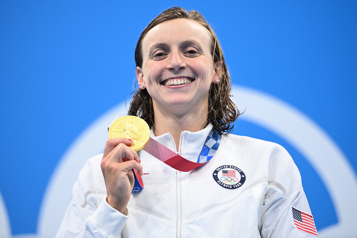 美國游泳女將雷德基（Katie Ledecky）今天（31日）在奧運女子800米自由式奪金。（Oli SCARFF/AFP）