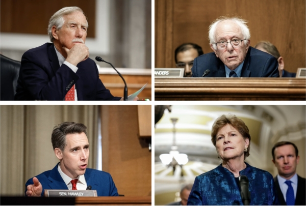 (左上)2022年4月27日,聯邦參議員金(Angus King,緬因州獨立人士)在首都華盛頓國會山聽取證詞。金和聯邦參議員桑德斯(Bernie Sanders,佛蒙特州獨立人士)提出了《立即終止處方藥廣告法案》(End Prescription Drug Ads Now Act),將所有直接面向消費者的藥品廣告歸類為「標籤濫用行為」(misbranding),從而有效地禁止此類廣告。(右上)2025年5月14日,聯邦參議員桑德斯在首都華盛頓國會山的聽證會上發言。(左下)2025年2月13日,聯邦參議員霍利(Josh Hawley,密蘇里州)在首都華盛頓國會山的確認聽證會上發言。(右下)2023年9月19日,聯邦參議員沙欣(Jeanne Shaheen,新罕布什爾州民主黨)在首都華盛頓國會大廈的新聞發布會上發言。5月,霍利和沙欣提出了《禁止發放藥品廣告法案》(No Handouts for Drug Advertisements Act)。 (Chip Somodevilla/Getty Images, Madalina Vasiliu/The Epoch Times, Anna Moneymaker/Getty Images)