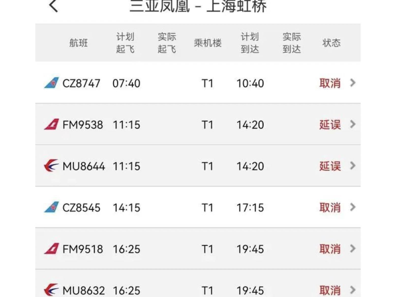 8月6日，三亞飛上海的多個航班被取消。（網頁截圖）