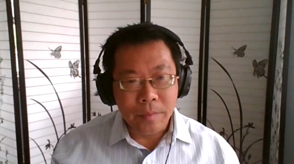  旅美中國人權律師滕彪在會議上揭露中共謊言。（影片截圖）