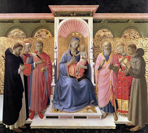 安傑利科修士的作品《安娜麗娜祭壇畫》(Annalena Altarpiece),約1438年—1440年。蛋彩、金泊和木板,70.8英吋x79.5英吋。國立聖馬可美術館,佛羅倫斯,意大利。(公有領域)
