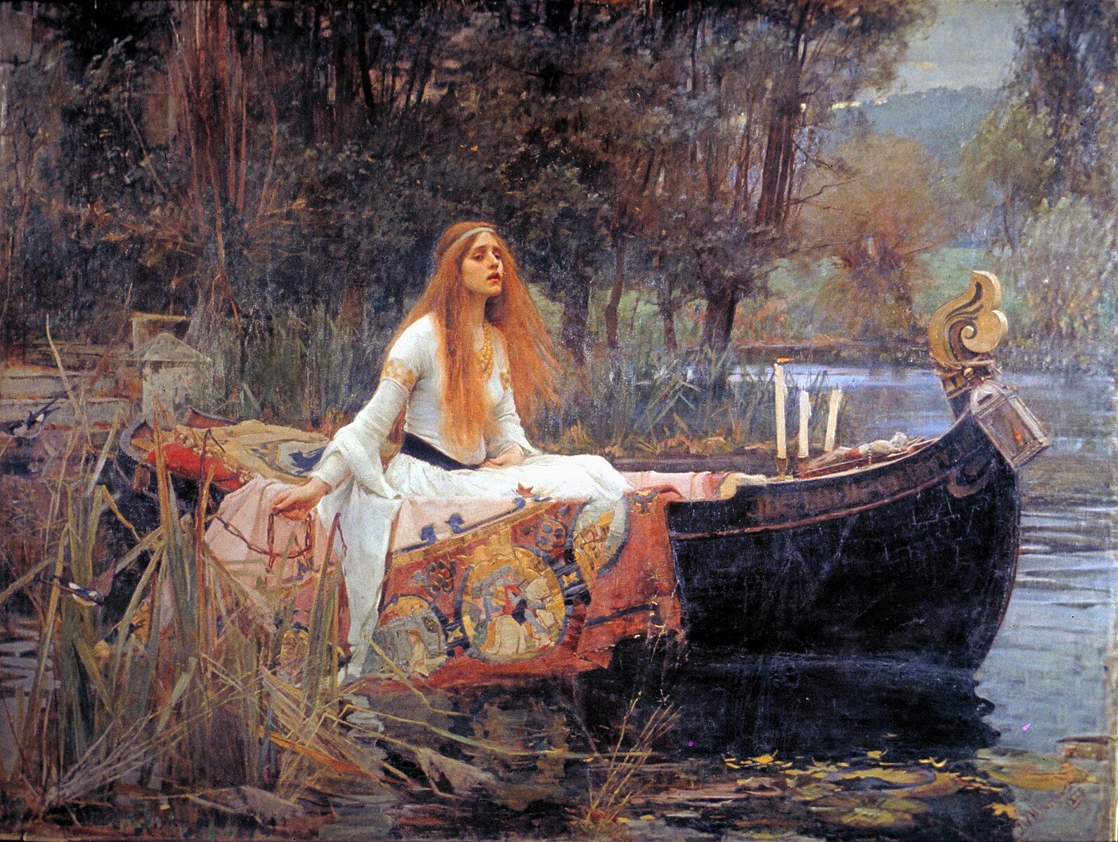 《沙洛特姑娘》(The Lady of Shalott),約翰‧威廉‧沃特豪斯(John William Waterhouse)1888年作,布面油畫,153 cm × 200 cm,倫敦泰特不列顛美術館藏。(公有領域)