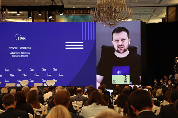  烏克蘭總統澤連斯基2022年6月11日透過視訊在新加坡「香格里拉對話」發表特別演說。（中央社）