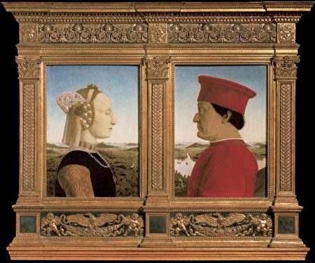 皮耶羅‧德拉‧弗朗切斯卡（Piero della Francesca）的作品《烏爾比諾公爵夫婦肖像》（Portraits of Battista Sforza and Federico da Montefeltro），約1473─1475年。油彩、木板，每幅各為19 x 13英吋。烏菲茲美術館。（公有領域）