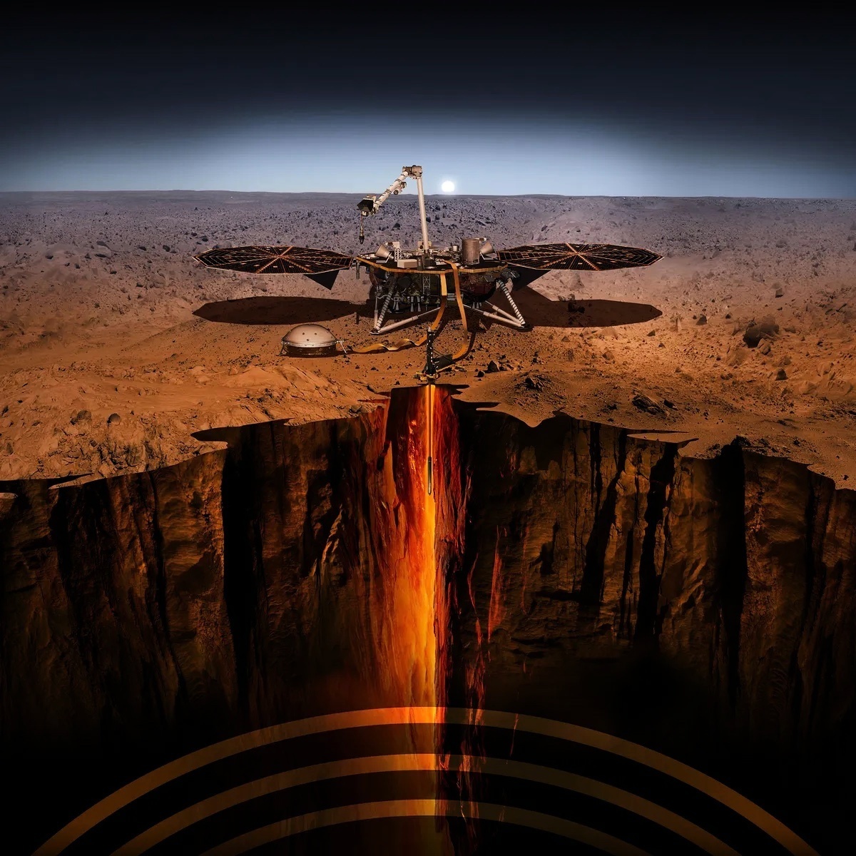 洞察號在火星表面探測地震示意圖。（NASA）