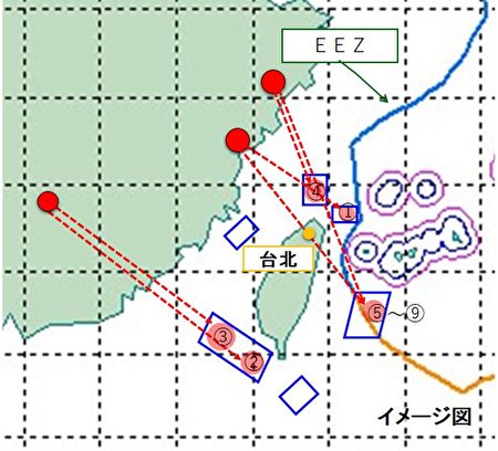 2022年8月4日，日本防衛省及時公布了中共試射導彈的飛行軌跡、詳細的發射時間、地點和飛行距離。（日本防衛省）
