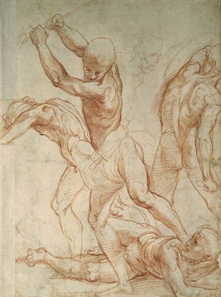 拉斐爾，素描作品《Combat of nude men》，1510─11年作，379×281 mm，牛津大學阿什莫林博物館藏。（公有領域）