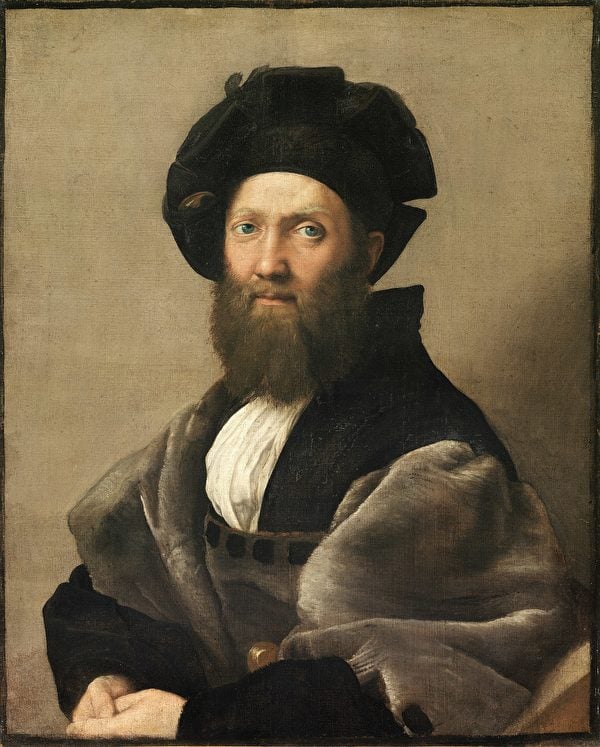 拉斐爾，《巴爾達薩雷‧卡斯蒂廖內肖像》（Portrait of Baldassare Castiglione），1514—1515年作，布面油畫，82×67 cm，巴黎羅浮宮藏。（公有領域）