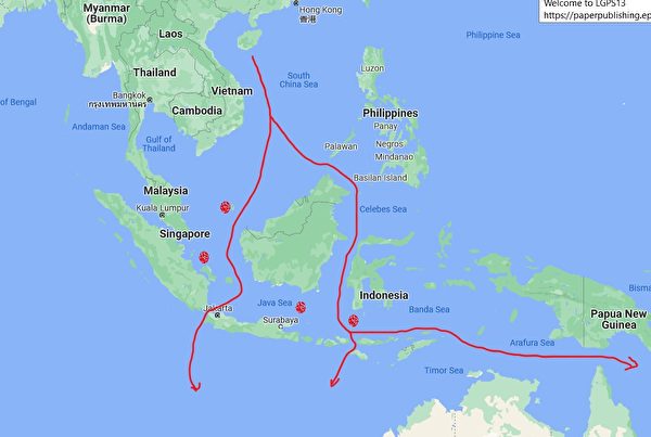 中共核潛艇從南海進入印度洋或繞行至太平洋的可能路線。紅點為近年被發現的中共無人水下載具地點。（大紀元製圖）