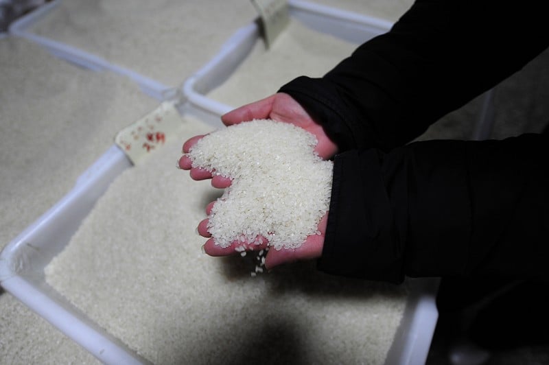 2020年中國或面臨糧食危機。圖為北京一市場攤販展示她的大米。（AFP Photo）