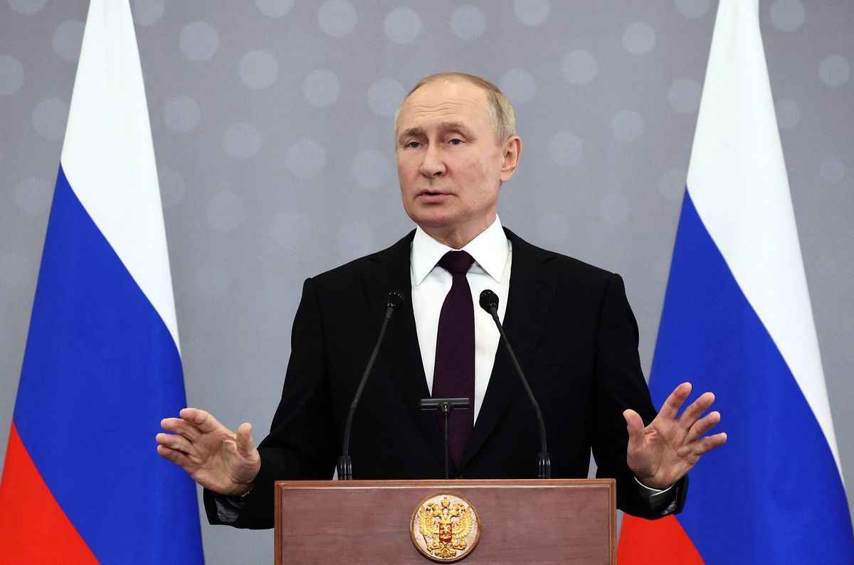 2022年10月14日，俄羅斯總統普京（Vladimir Putin）在哈薩克斯坦阿斯塔納（Astana）出席與獨立國家聯合體（獨聯體）後蘇聯國家領導人舉行的峰會後，在新聞發布會上發言。（VALERY SHARIFULIN/SPUTNIK/AFP via Getty Images）