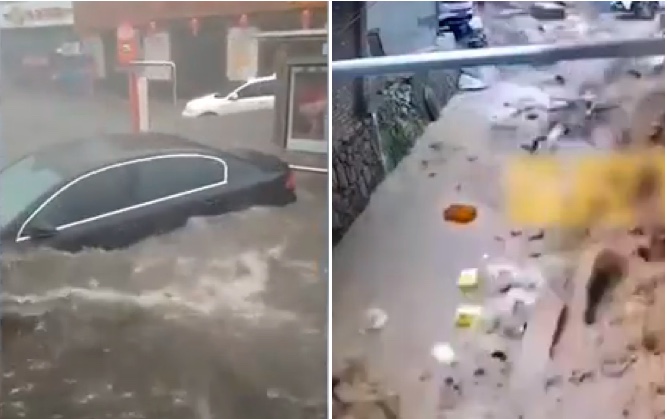 黃河今年第6號洪水形成，颱風巴威正向東北行進。圖為遼寧淹水（左），甘肅洪水（右）情況。（影片截圖合成）