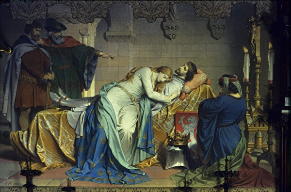 新天鵝堡國王睡房內的一幅壁畫描繪了亞瑟王的浪漫故事《崔斯坦和伊索德》（Tristan and Isolde）。這幅壁畫是由奧古斯都‧史派司（August Spiess）繪於1880年。（公有領域）