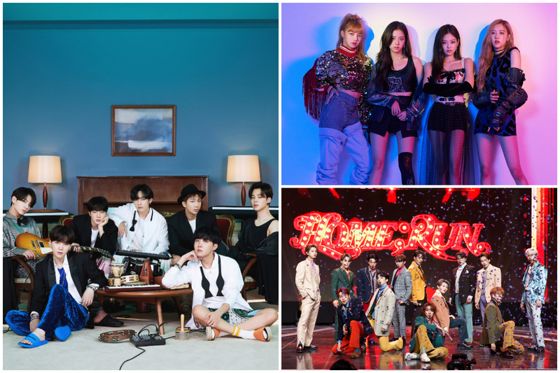 南韓人氣男團BTS防彈少年團（左）、BLACKPINK（右上）與SEVENTEEN（右下）資料照。（遠傳friDay音樂提供，avex taiwan提供，遠傳friDay音樂提供／大紀元合成）