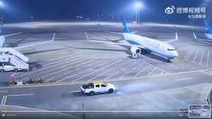 杭州機場一車輛失控撞向飛機 地勤人員狂奔阻攔