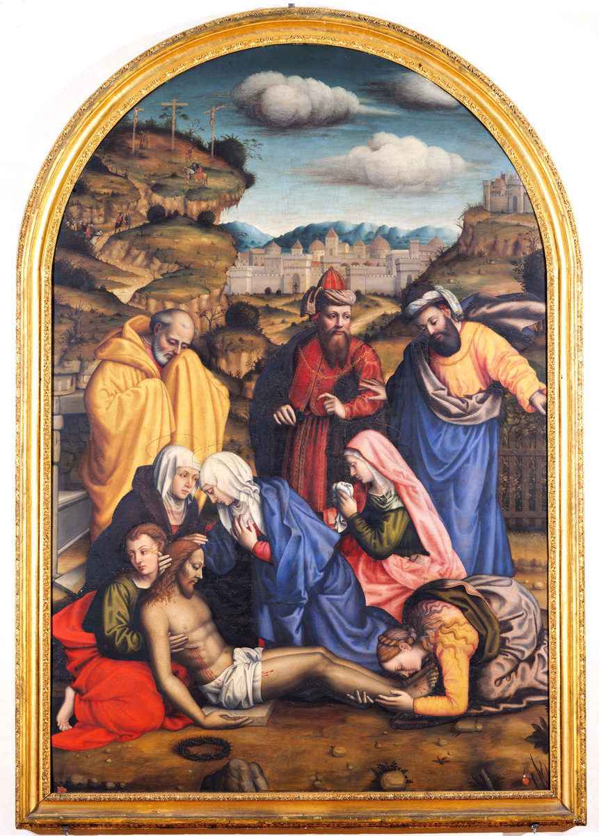 普洛蒂拉·內利(Plautilla Nelli)的作品《聖徒哀悼》(Lamentation With Saints)。油彩、畫布,113.3英吋 x 75.5英吋。國立聖馬可美術館,佛羅倫斯。2006年由美國非牟利組織Advancing Women Artists(AWA)修復完成。(AWA Archives)