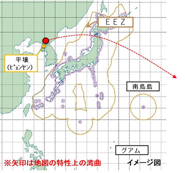 2022年10月4日，北韓向日本上空發射導彈，使火車停駛，日本當局也發布了避難警報。圖為導彈軌跡示意圖。（日本防衛省提供）