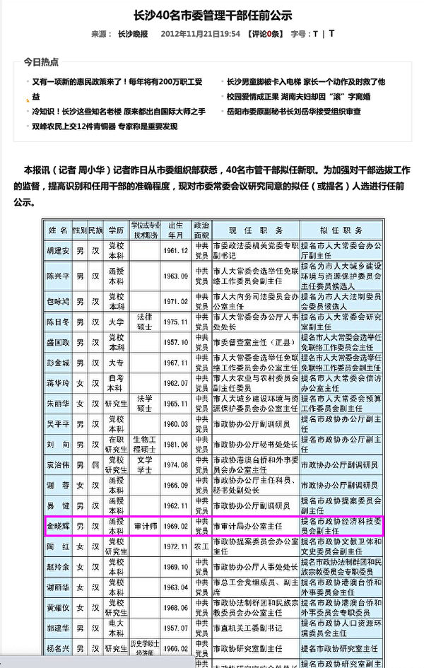 新浪湖南網頁紀錄上留存了2012年11月21日長沙晚報關於金曉輝任命的紀錄。（網頁截圖）