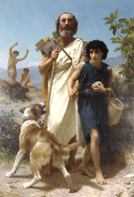 《荷馬和他的嚮導》(Homer and His Guide),威廉-阿道夫‧布格羅(William-Adolphe Bouguereau)1874年作;布面油畫,209 cm × 65 cm。弗雷德里克‧雷頓(Frederick Layton)贈與密爾華基美術博物館。(公有領域)