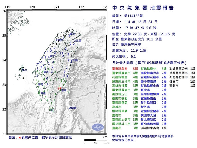 台灣台東發生規模6.1地震