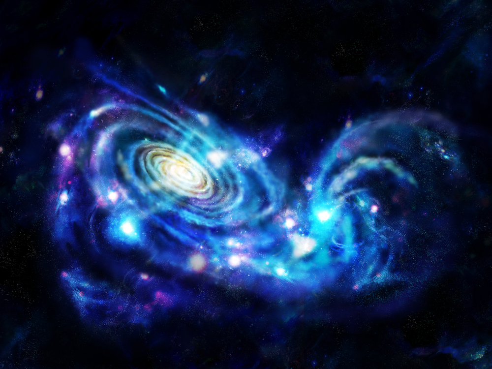 科學家稱當宇宙空間中兩個星系劇烈碰撞時，通常會撞擊出稱為「巨邁射」的太空激光。（shutterstock）