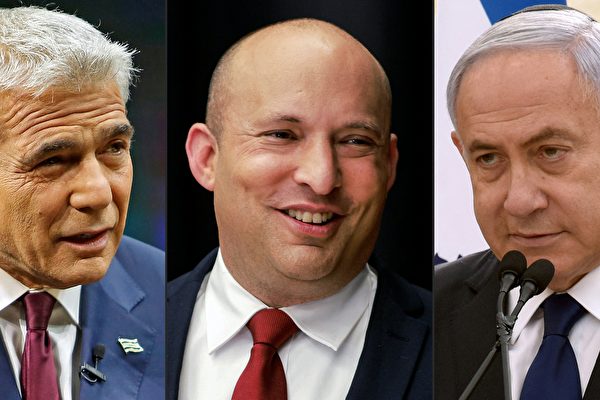 （從左到右）：亞伊爾拉皮德（Yair Lapid），2021年5月5日拍攝；納夫塔利貝內特（Naftali Bennett），2021年3月15日拍攝；本傑明內塔尼亞胡（Benjamin Netanyahu）2021年4月13日拍攝。（GIL COHEN-MAGEN, MENAHEM KAHANA, DEBBIE HILL/POOL/AFP via Getty Images）