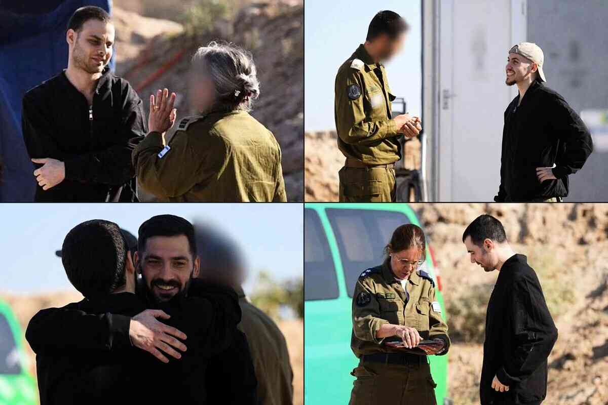 2025年10月13日,(從左到右、從上到下)以色列人質Alon Ohel、Eitan Abraham Mor、Gali Berman以及Guy Gilboa-Dalal先後被哈馬斯武裝分子移交給紅十字會。(Israeli Army/AFP)